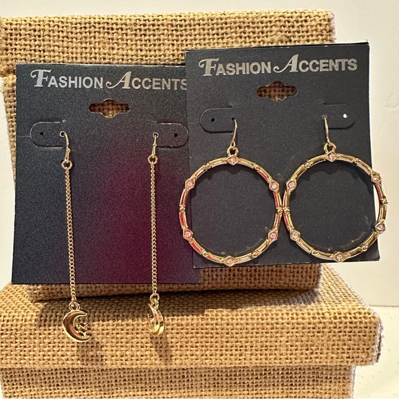 NWT 2 Pair of Fashion Accents Earrings gold tone dangles, moon, rhinestones - Picture 3 of 12